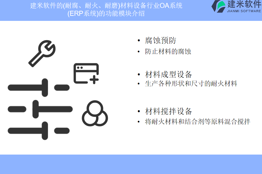 建米软件的(耐腐、耐火、耐磨)材料设备行业OA系统 (ERP系统)的功能模块介绍